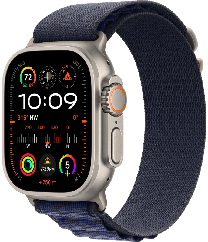 Фото Apple Watch Ultra 2 GPS + Cellular, 49 мм, корпус из бежевого титана, ремешок Alpine темно-синего цвета, размер M На фото изображено Apple Watch Ultra 2 GPS + Cellular, 49 мм, корпус из бежевого титана, ремешок Alpine темно-синего цвета, размер M