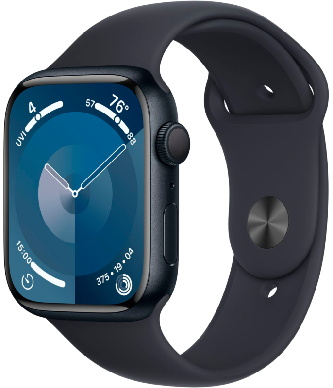 Фото Apple Watch Series 9, 45 мм, корпус из алюминия цвета «Тёмная ночь», спортивный ремешок, размер M/L На фото изображено Apple Watch Series 9, 45 мм, корпус из алюминия цвета «Тёмная ночь», спортивный ремешок, размер M/L