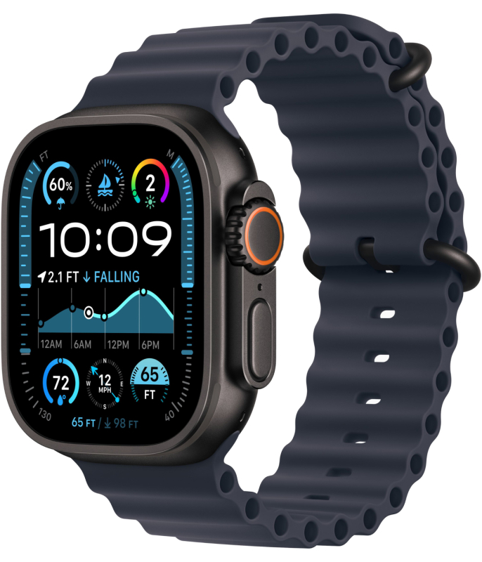 Фото Apple Watch Ultra 2 GPS + Cellular, 49 мм, корпус из черного титана, ремешок Ocean темно-синего цвета На фото изображено Apple Watch Ultra 2 GPS + Cellular, 49 мм, корпус из черного титана, ремешок Ocean темно-синего цвета